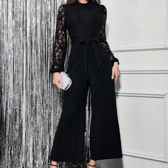 Contrast Lace Lantern Sleeve Belted Wide Leg Jumpsuit - Picture 2 of 4